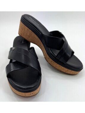 Cole Haan Womens Grand.OS Briella Black Leather Cork Wedge Sandals Size 9.5